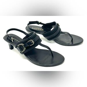 Ralph Lauren Black Leather Slingback Thong Heels with Buckle Detail